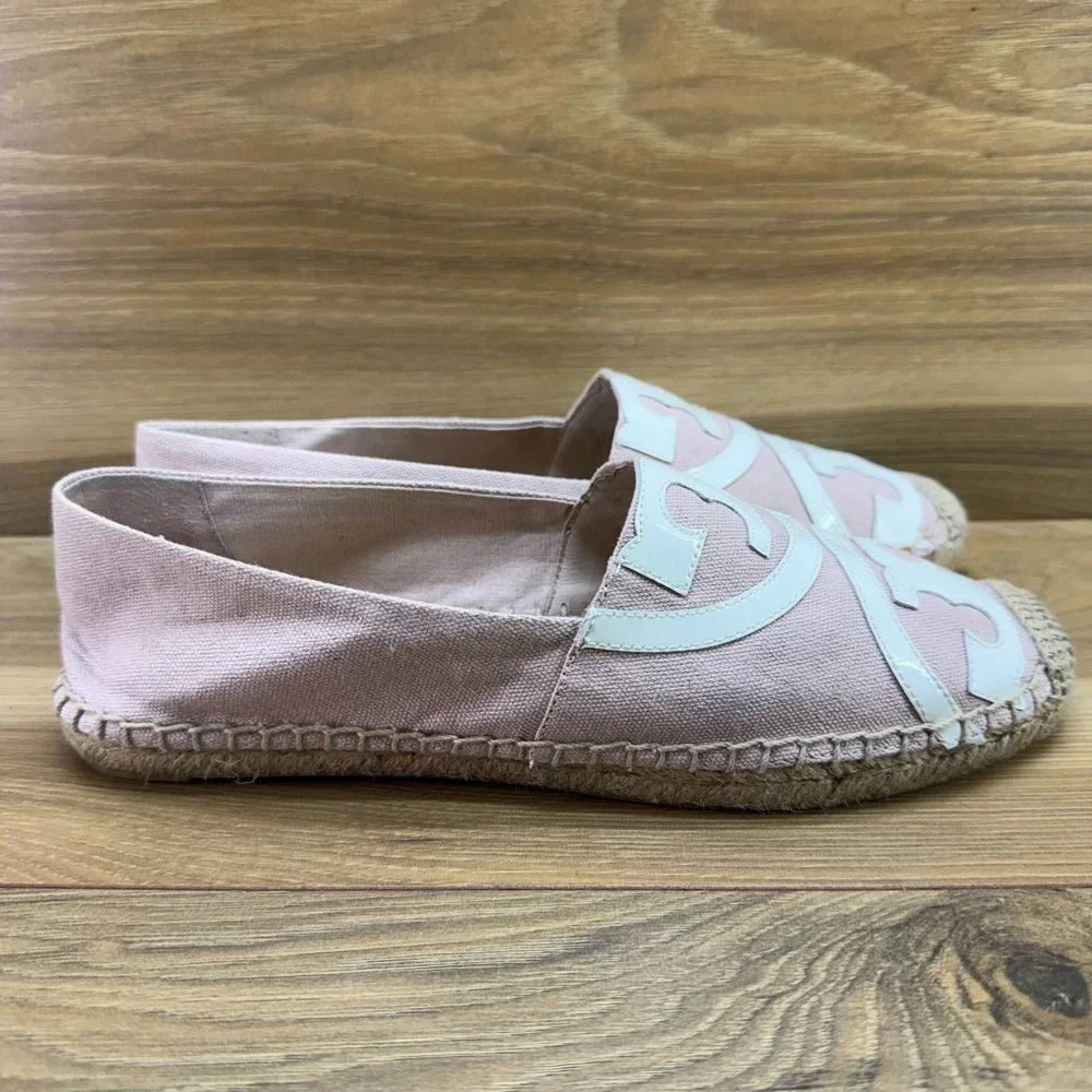 Tory Burch Espadrilles Pink White Flat 9 M Slip On Loafer Vacation Resort Summer
